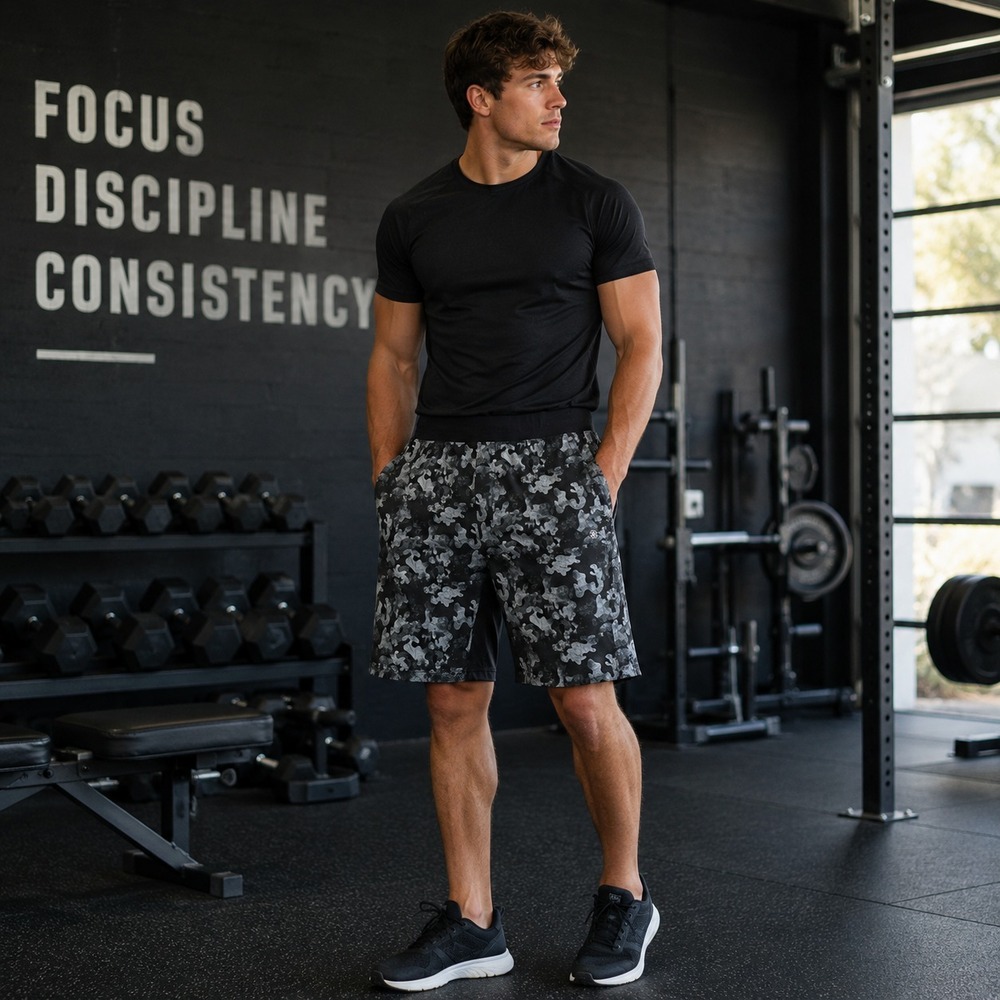 New Gaiam Mens Camo Chi Athletic‎ Shorts Sz L Black Gray Performance Gym Train